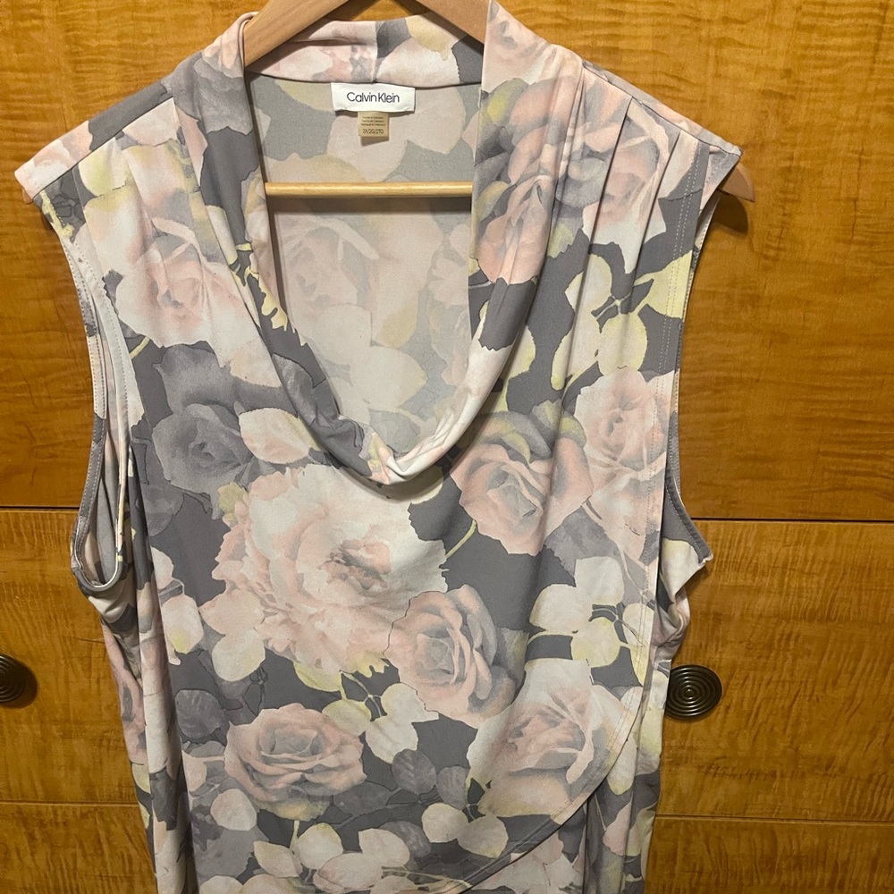 Calvin Klein Floral Cowl Neck Blouse - Gray and Cream